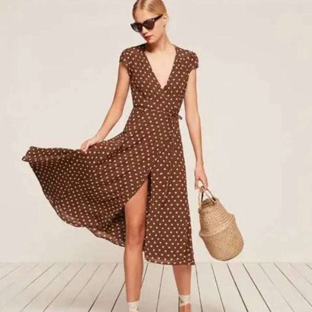 Reformation Brown Polka Dot Wrap Midi Dress